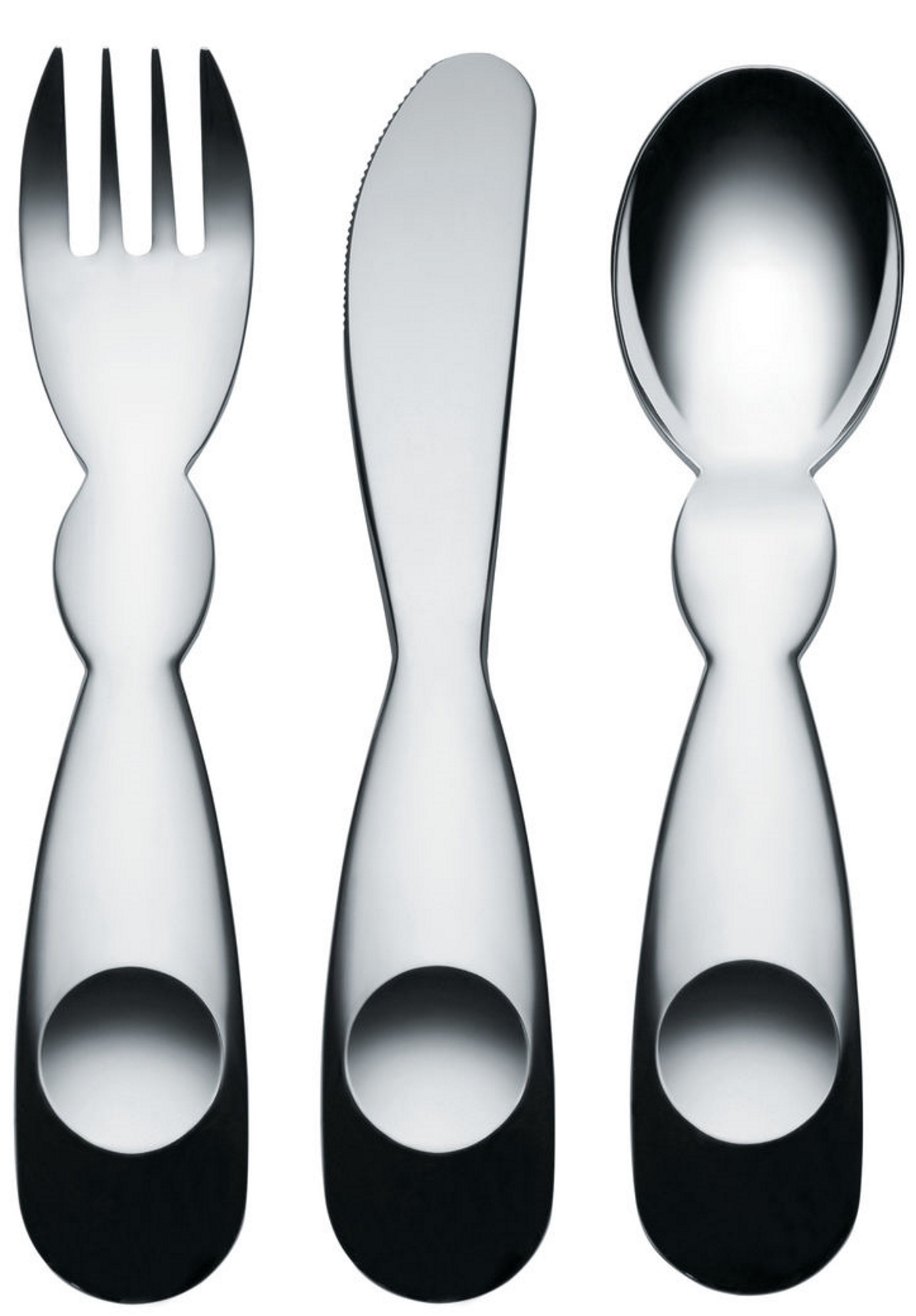 Alessi Kinderbesteck, bestehend aus Gabel, Messer und Löffel, Edelstahl, modernes Design für Kinder.