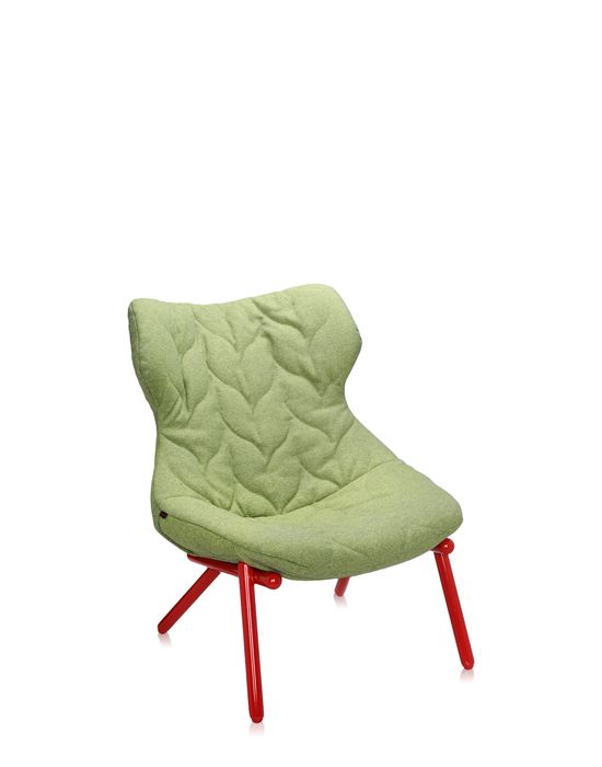 Kartell Foliage Sessel in Grün mit roten Beinen, moderner Design-Sessel für Wohnzimmer und Büro.