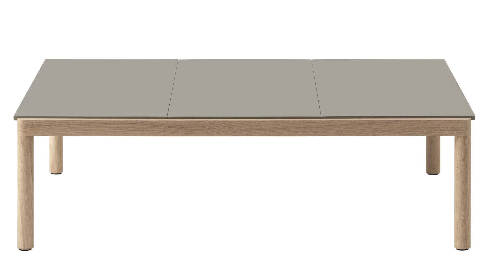 Muuto Couple Coffee Table Couchtisch mit grauer Tischplatte und hellem Holzgestell, modernes Design.