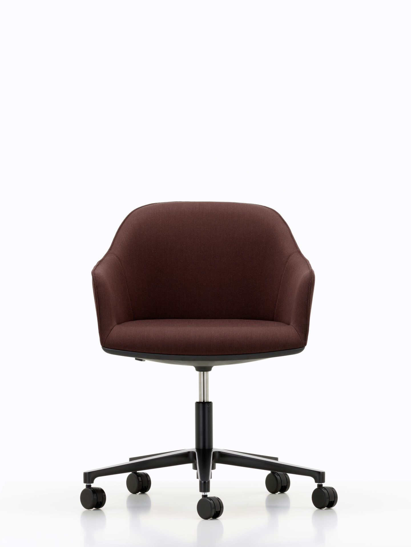 Vitra Softshell Chair mit braunem Stoffbezug und schwarzem Fünfsternfuß, ergonomischer Bürostuhl für komfortables Sitzen.