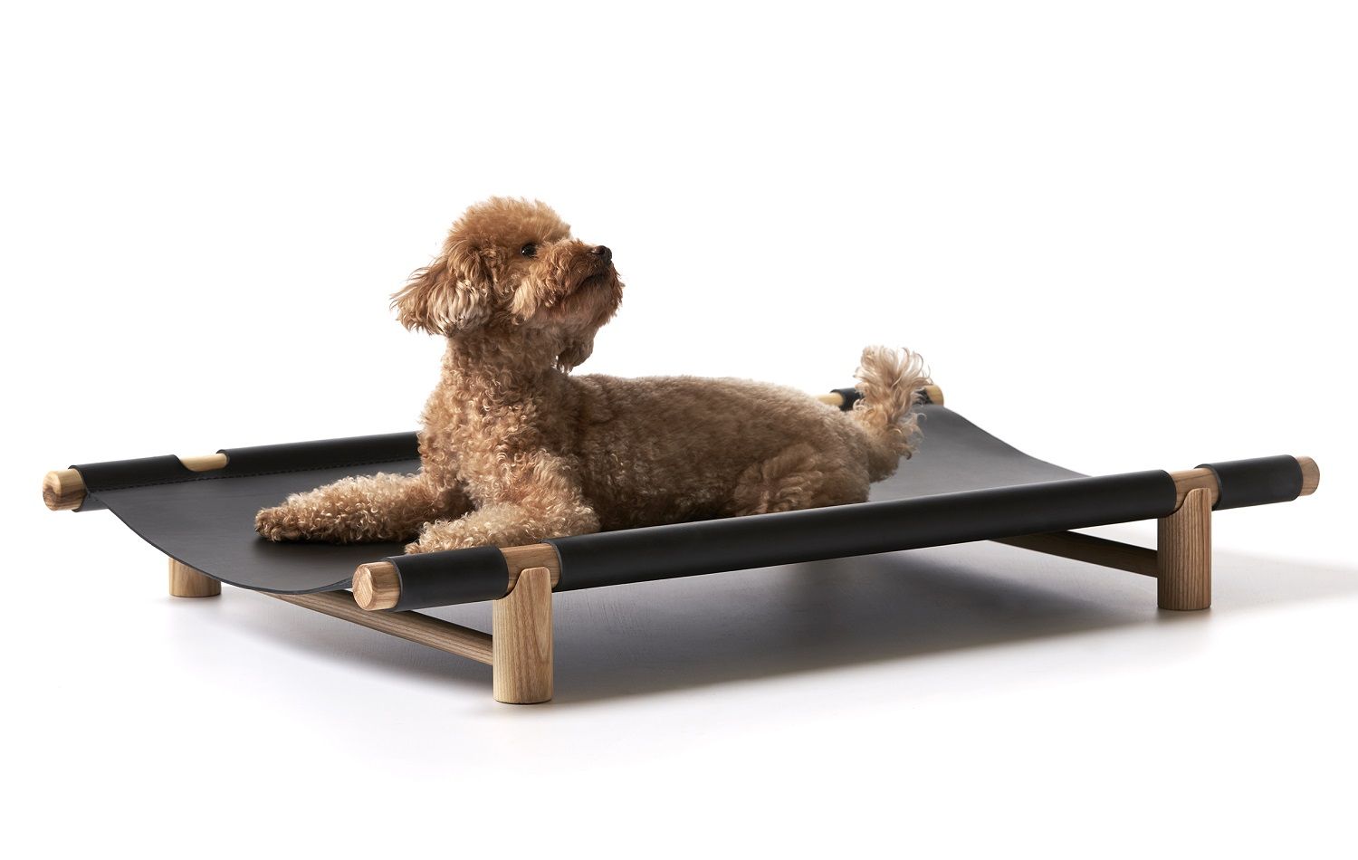 Brauner Pudel liegt entspannt auf dem Berberé Hundebett von Opinion Ciatti, tragbares Designer Hundebett.