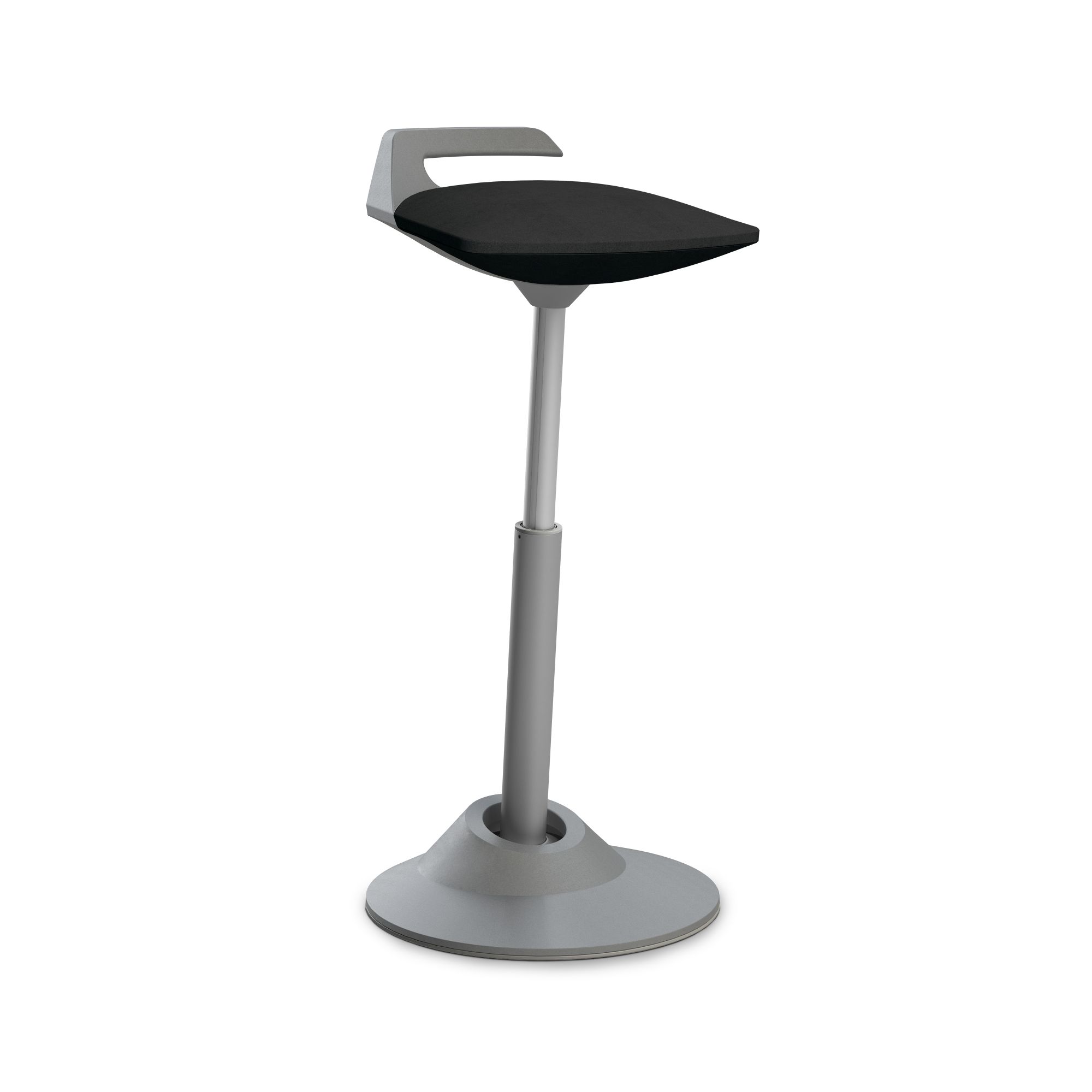 Ergonomischer Stehhocker in Grau mit schwarzem Sitzpolster für dynamisches Sitzen im Büro.