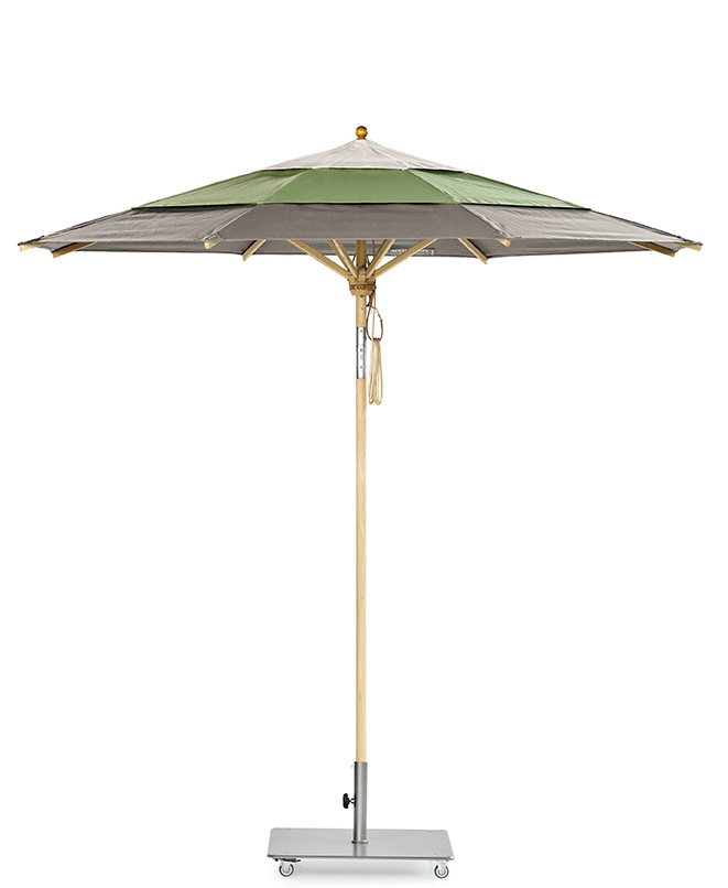 Weishäupl Klassiker Sonnenschirm mit Holzständer und mehrfarbigem Schirmdach für Garten, Terrasse und Balkon.