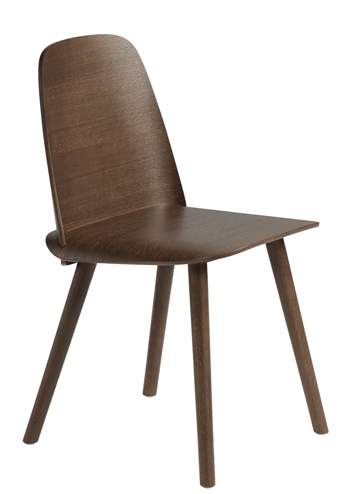 Muuto Nerd Chair Stuhl aus braunem Holz, moderner Designerstuhl mit drei Beinen für Esszimmer.