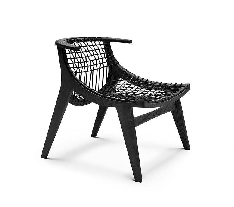Schwarzer Klismos Lounge Sessel von Knoll International mit geflochtener Sitzfläche und Filzgleitern.