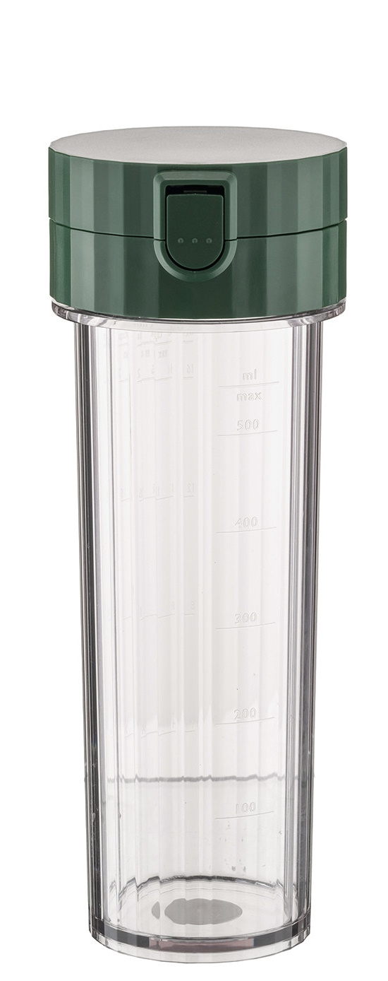 Alessi Plissé Smoothie Maker in Grün: Transparenter Behälter mit grünen Deckel und Füllstandsanzeige.