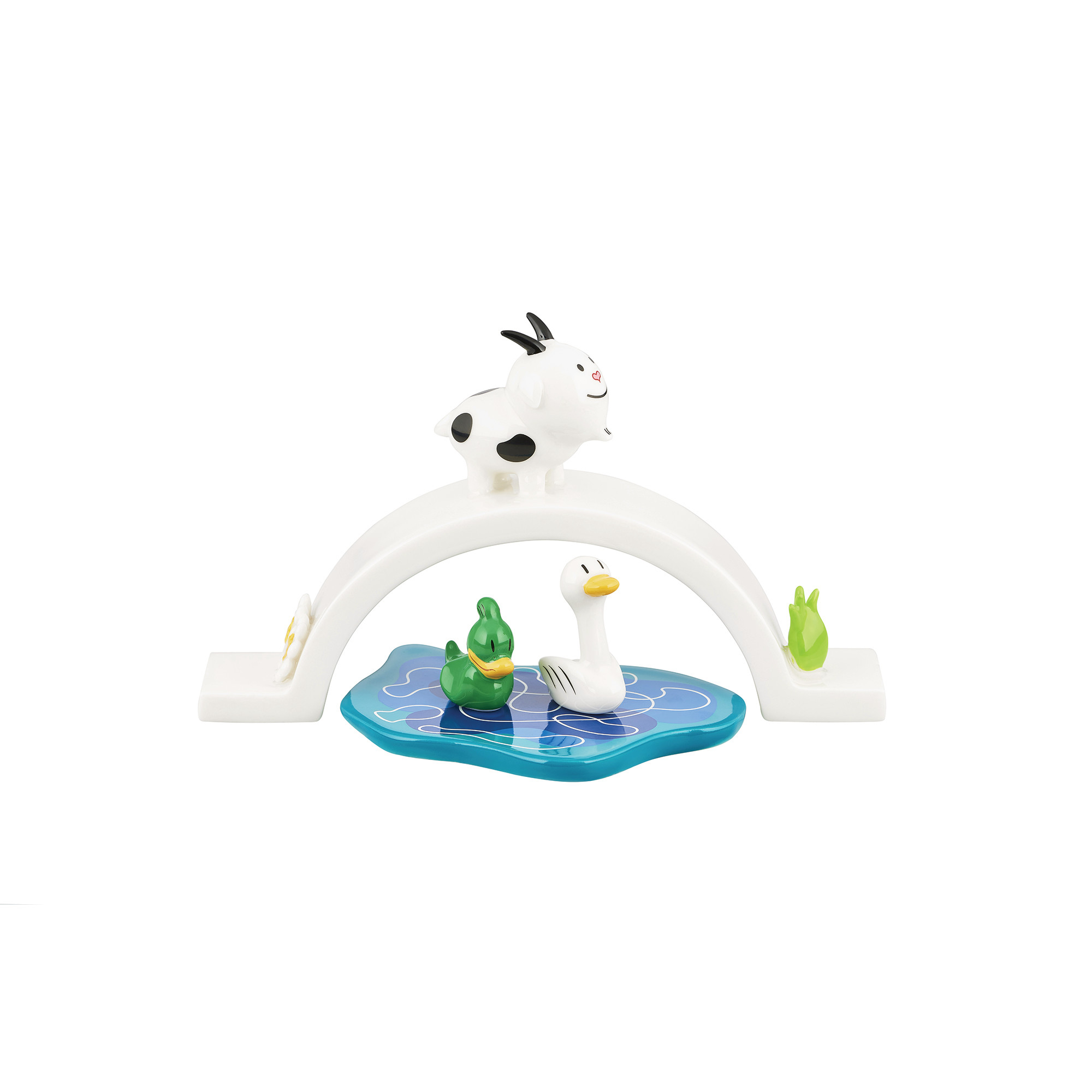 Alessi Happy Eternity Baby Brücke: Porzellanfigur mit Kuh, Ente und Schwan auf blauem See.