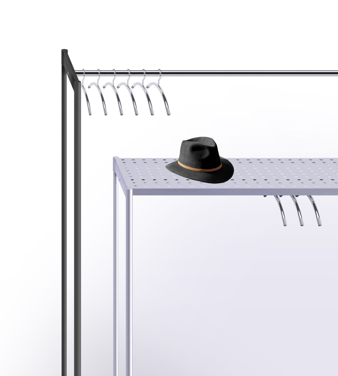 Meeting Kleiderständer von Rexite mit Hutablage und Kleiderbügeln, ideal für Büro und Garderobe.