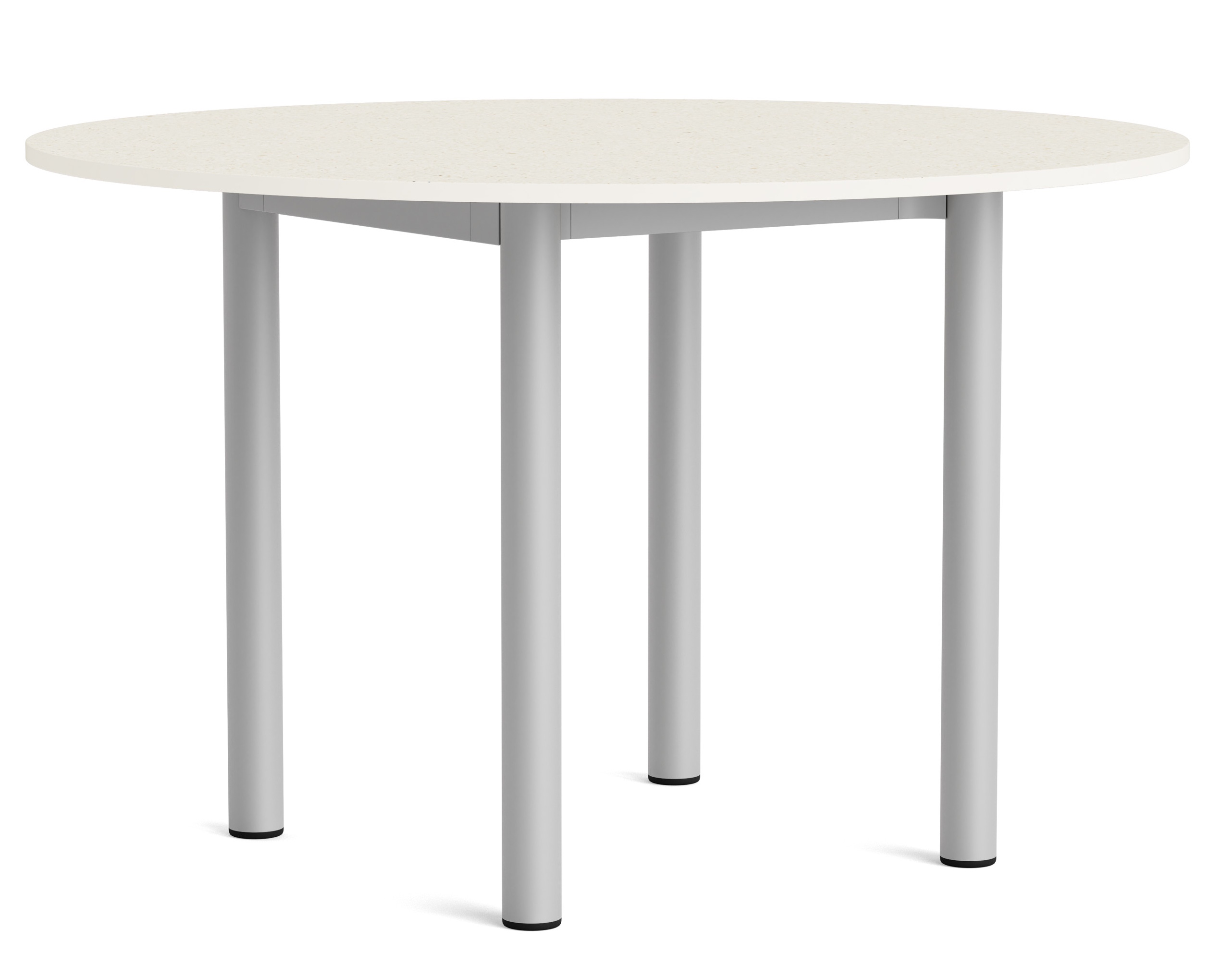 Annex Table Round Esstisch von Hay, runder Tisch mit beiger Tischplatte und vier silbernen Beinen.