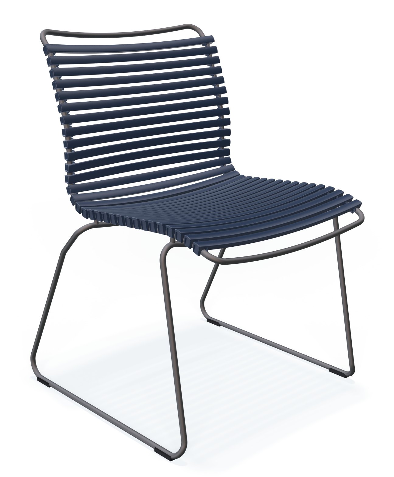 Dunkelblauer Click Dining Stuhl von Houe ohne Armlehne für den Garten oder Balkon.