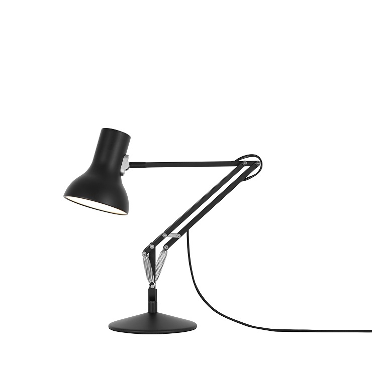 Schwarze Anglepoise Type 75 Mini Tischleuchte mit verstellbarem Arm und konischem Lampenschirm.