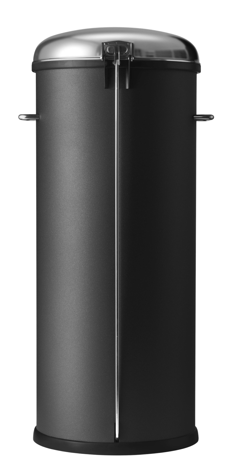Vipp Treteimer 30 L in Schwarz, runder Mülleimer mit Edelstahl-Deckel und praktischer Fußbedienung.