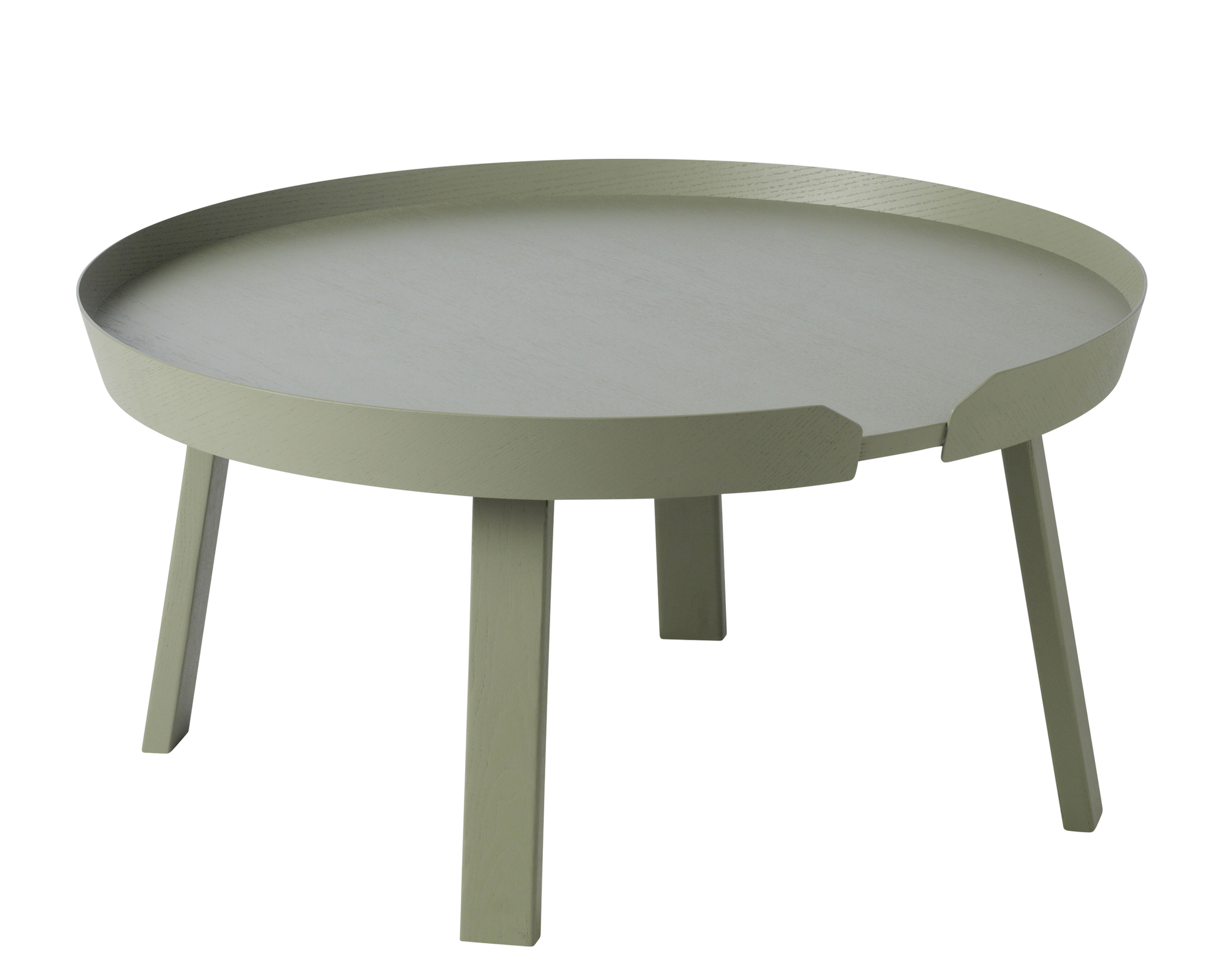 Muuto Around Coffee Table Large aus Eiche, runder Wohnzimmertisch in Grün mit drei Beinen.