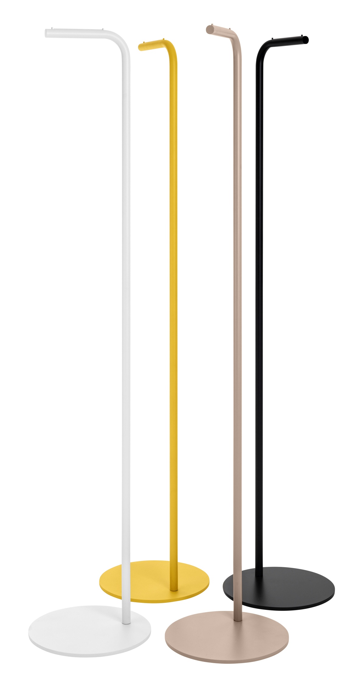 Schönbuch Bow Garderobenständer in Weiß, Gelb, Beige und Schwarz, moderne Kleiderständer mit rundem Fuß.