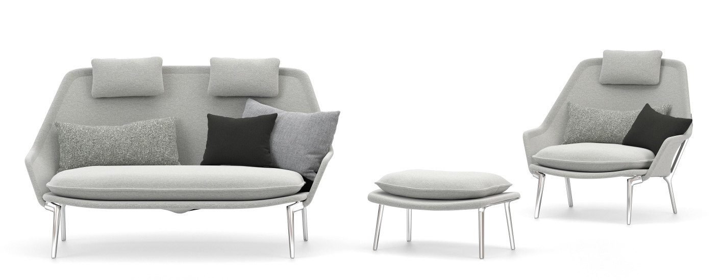 Vitra Slow Chair Sessel mit Ottoman in grauem Stoffbezug und Kissen, modernes Wohnzimmer Design.