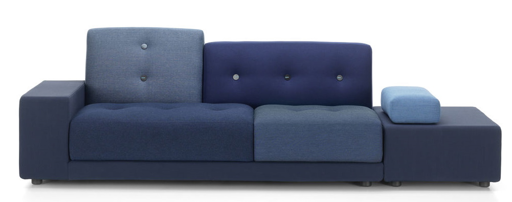 Vitra Polder Sofa in verschiedenen Blautönen, modernes Design Sofa mit Knopfdetails und Armlehne.