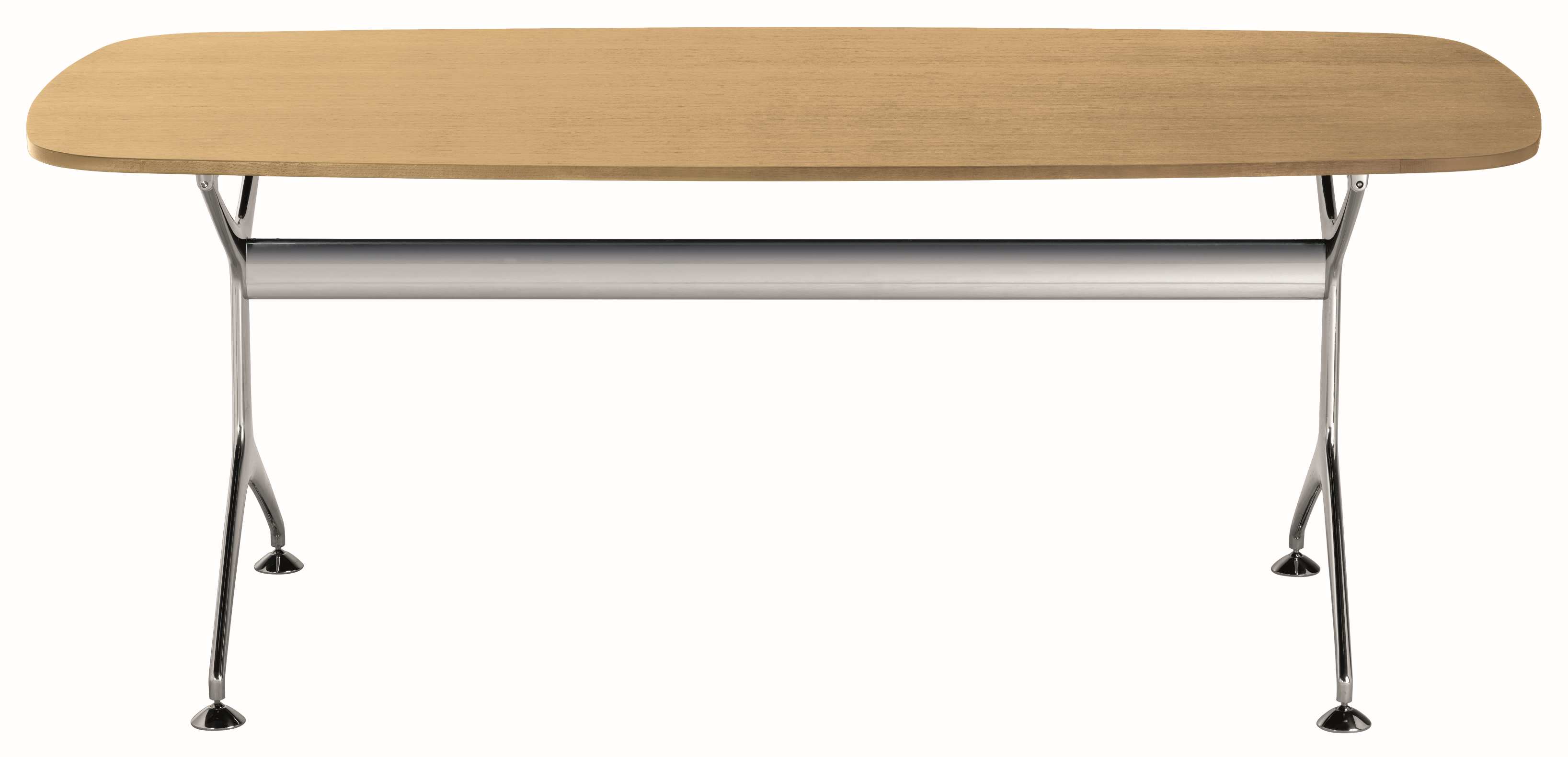 Frametable Tisch mit heller Holzplatte und verchromtem Gestell, ideal für Büro und Konferenzraum.