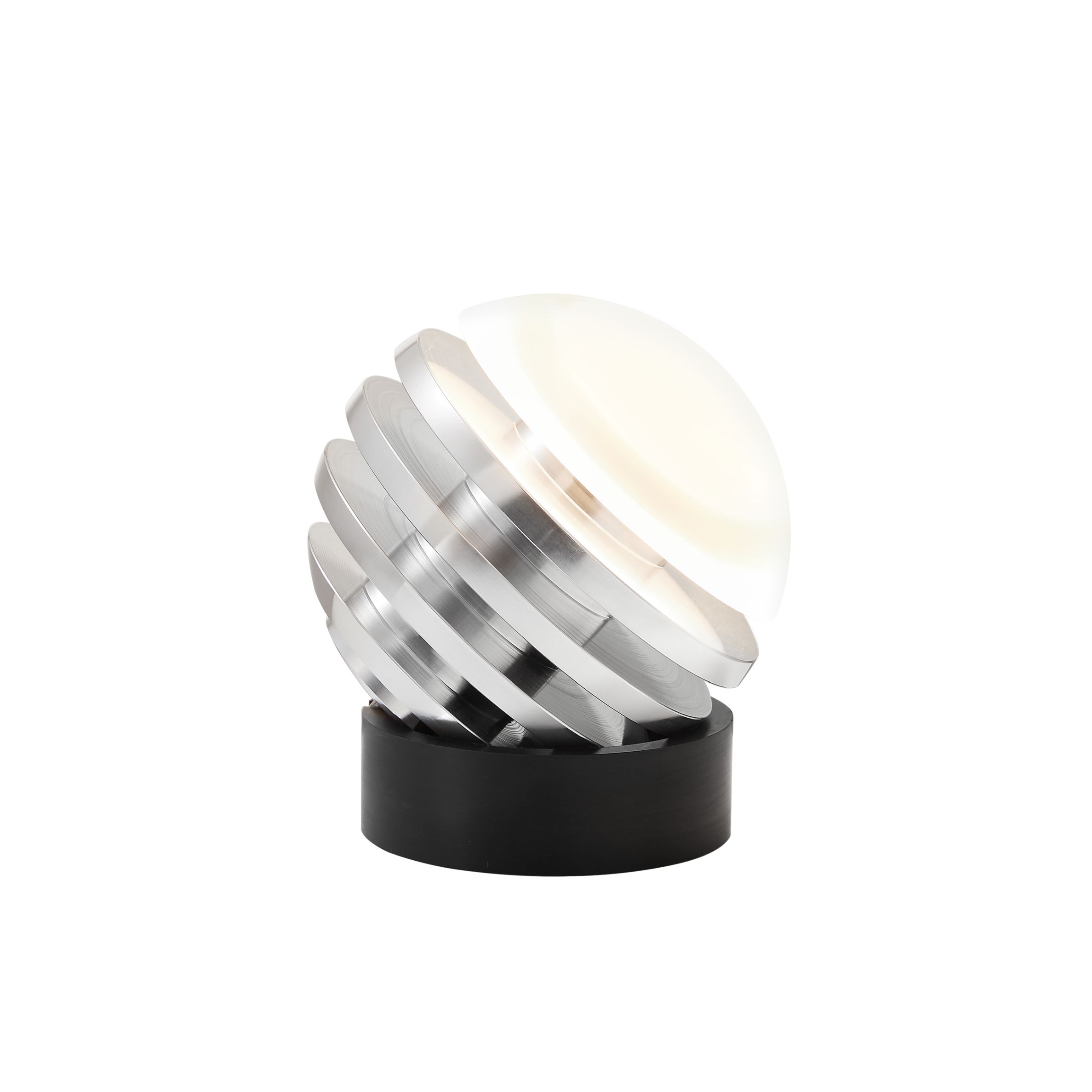 Bulo Micro Tischleuchte von Tecnolumen: Moderne Designleuchte mit silbernen Ringen und schwarzem Sockel.