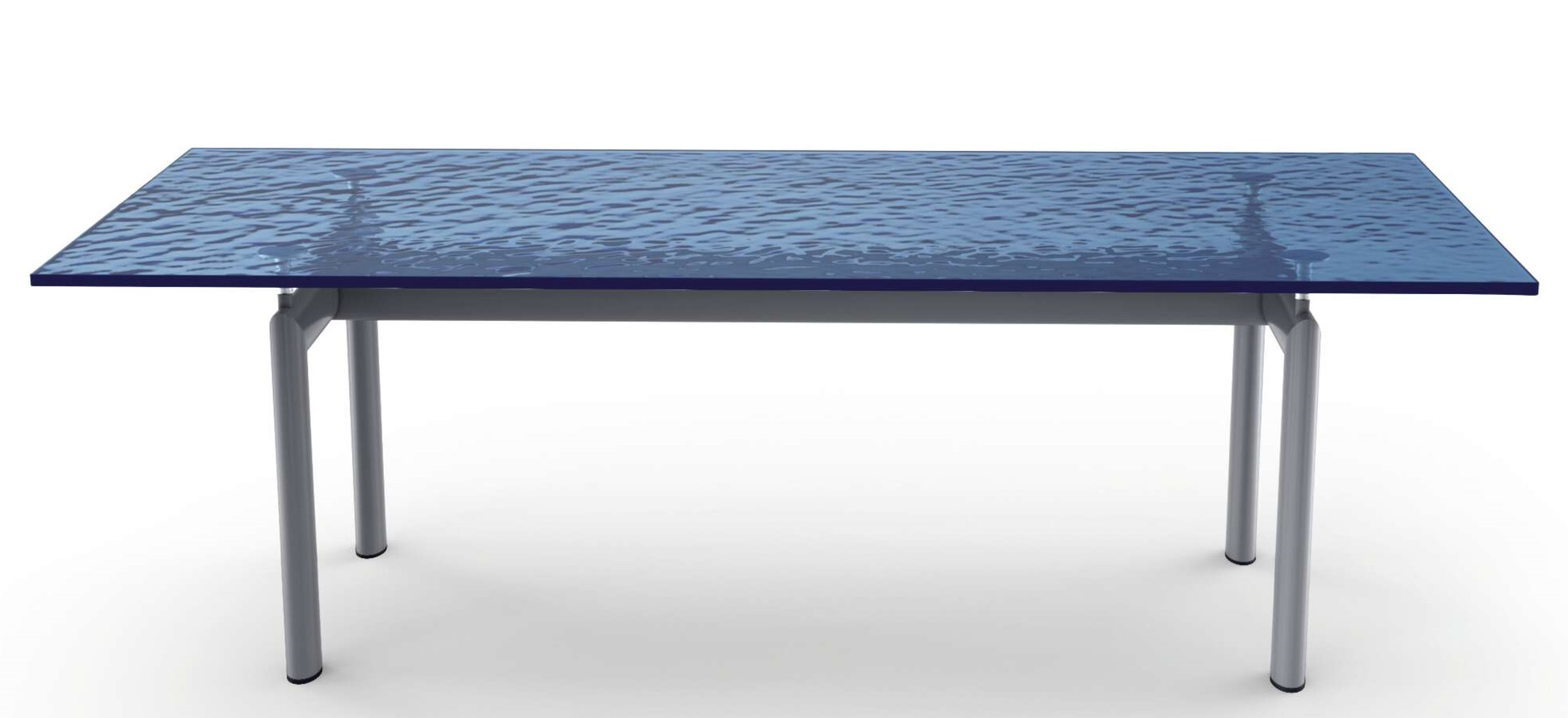 LC6 Table tube d´avion Esstisch Cassina mit blauer Glasplatte und silberfarbenem Stahlrohrgestell.