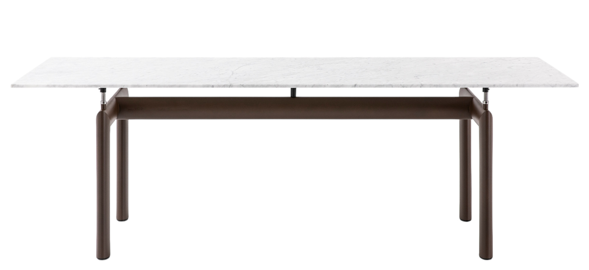 Cassina Tube D´avion Esstisch Outdoor: Rechteckiger Tisch mit weißer Marmorplatte und braunem Gestell.