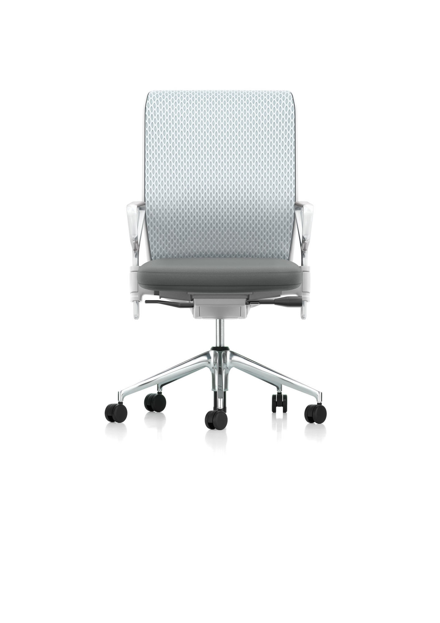 Vitra ID Chair Mesh Bürostuhl mit Lumbalstütze, grauer Sitzfläche und silbernem Fußkreuz.