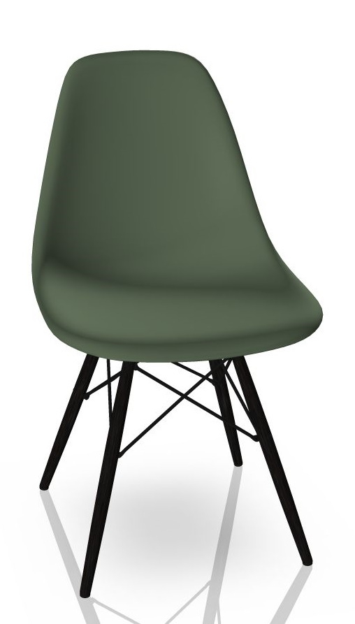 Eames Plastic Side Chair DSW in Forest Grün mit schwarzem Ahorn-Holzgestell.