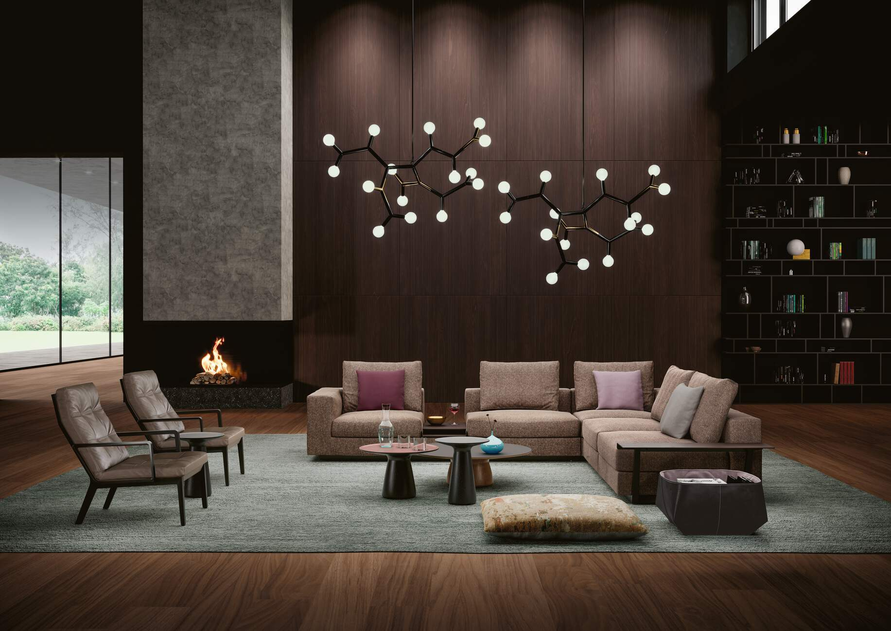 Wohnzimmer mit Walter Knoll Sofa auf Legends of Carpets Teppich und Kaminfeuer.