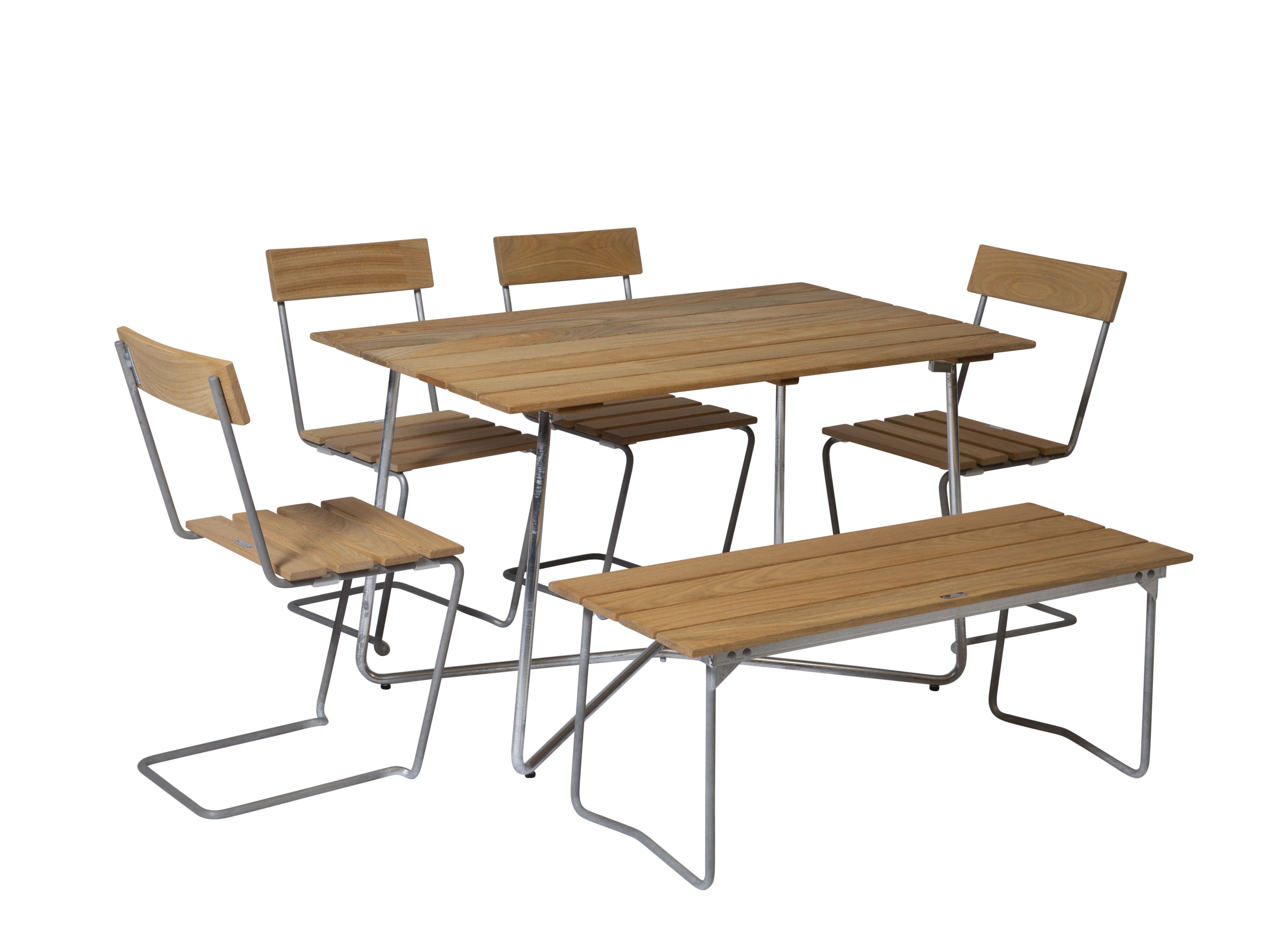 Grythyttan Stalmöbler Stuhl 1 Eiche mit Tisch und Bank, Gartenmöbel Set aus Holz und Metall.