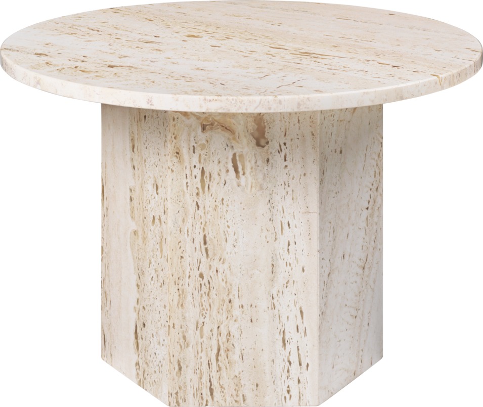 Runder Epic Couchtisch von Gubi aus Travertin, beige, für Wohnzimmer und Lounge.