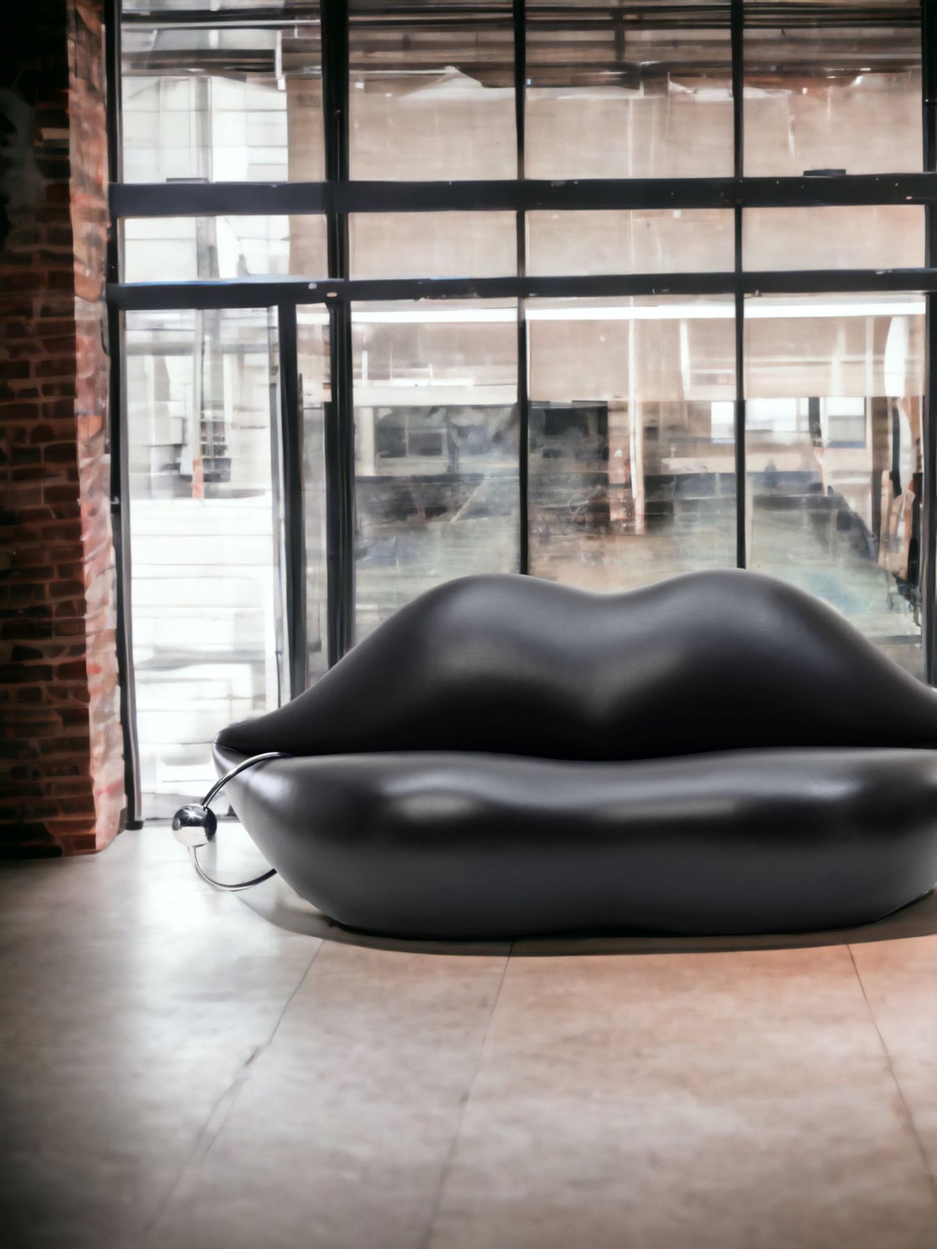 Schwarzes Lippensofa im modernen Loft-Stil vor einem Fenster, extravagantes Möbelstück für Wohnzimmer oder Lounge.