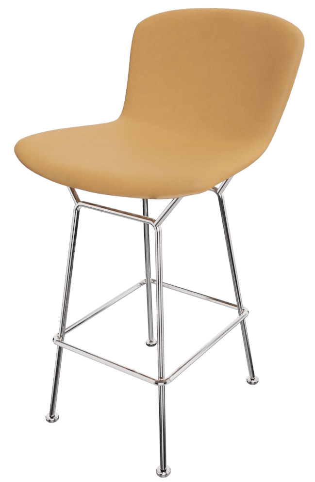 Bertoia Bar Stool Barhocker von Knoll International mit Kernlederbezug und verchromtem Stahlgestell.