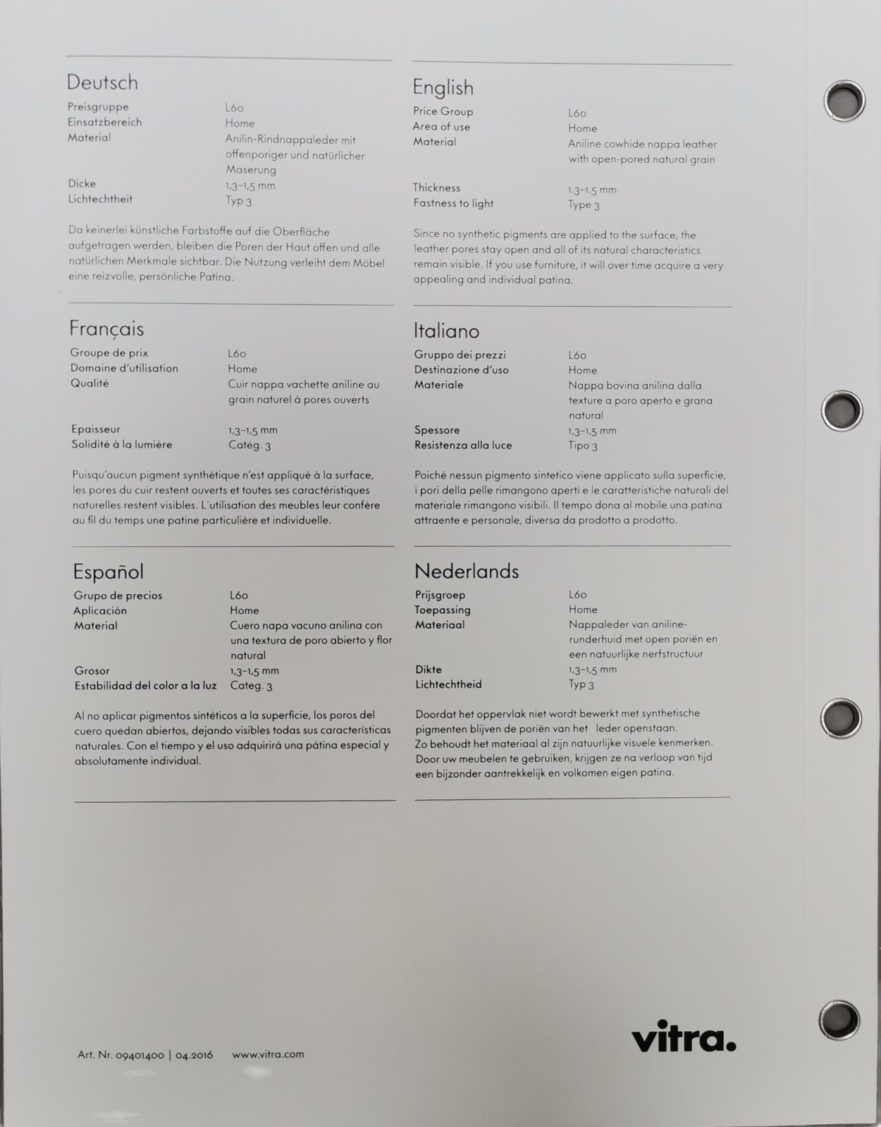 Ledermusterkarte: Natural Vitra Leder, ein hochwertiges Anilinleder mit natürlicher Narbung und offenen Poren.