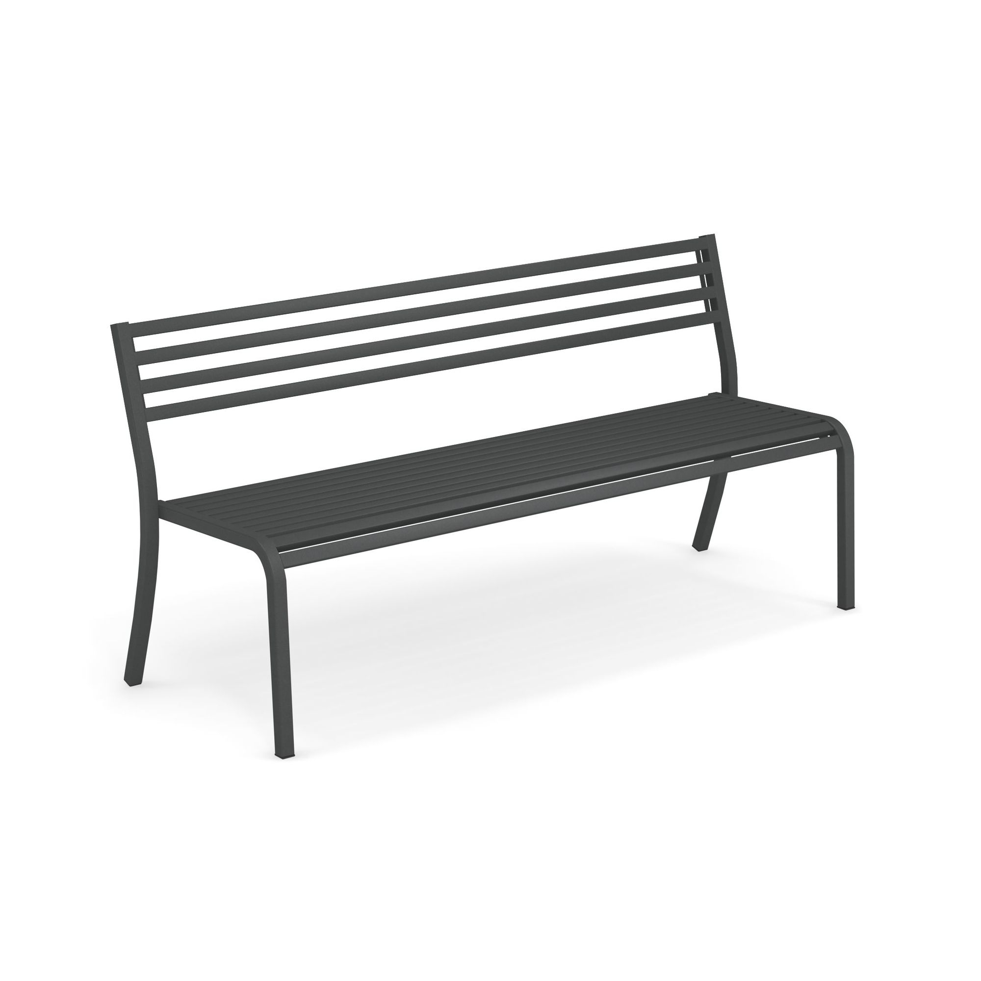 Graue Emu Bank, Modell Segno, 168 cm, für Garten und Terrasse. Metallbank mit Rückenlehne.