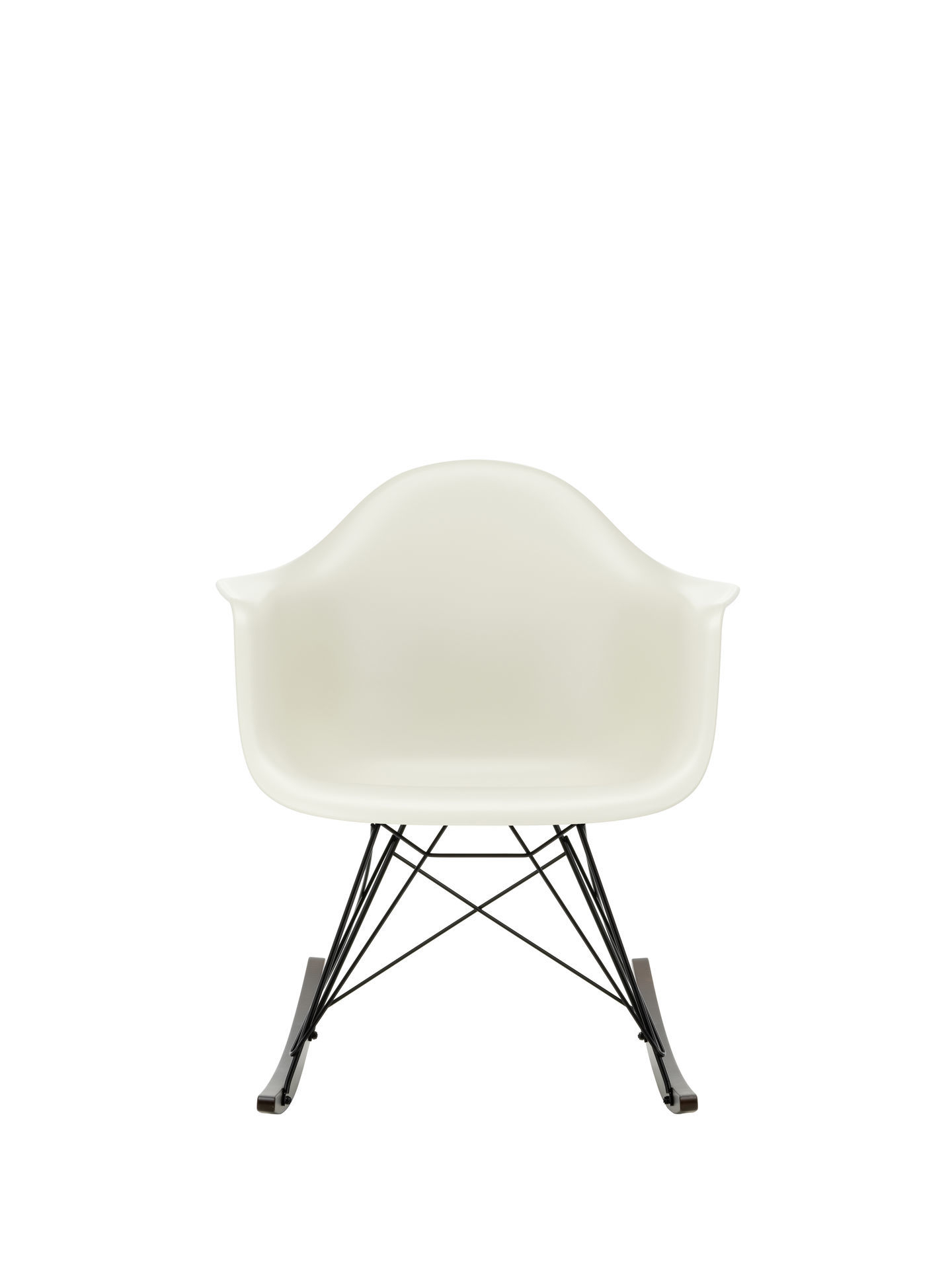 Eames Plastic Arm Rocking Chair (RAR) in Ahorn gelblich mit schwarzem Gestell.