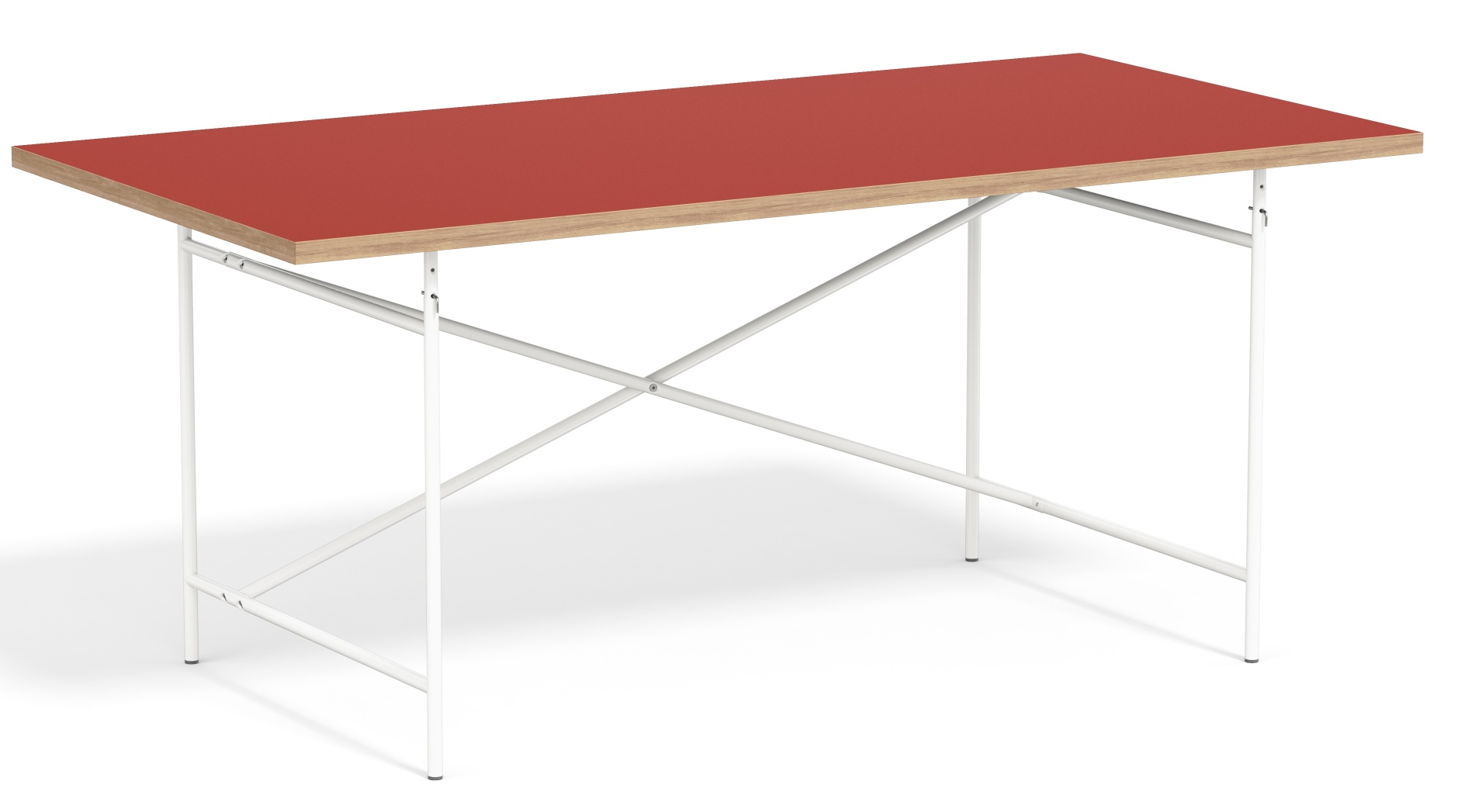 Eiermann Tisch mit roter Tischplatte und weißem Gestell, Designklassiker für Büro und Zuhause.