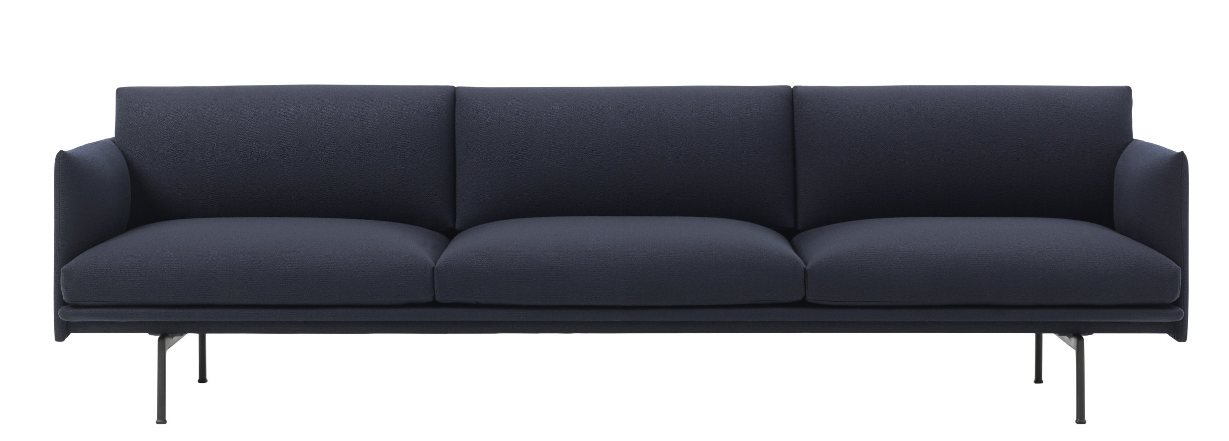 Muuto Outline Sofa, 3-Sitzer in Dunkelblau, modernes Design Sofa mit minimalistischem Stahlgestell für Wohnzimmer.