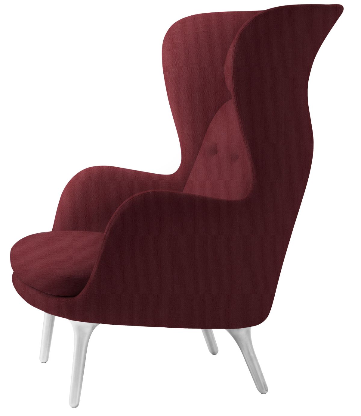 Ro Sessel von Fritz Hansen aus Aluminium, bordeauxroter Stoffbezug, moderner Ohrensessel für Wohnzimmer und Büro.