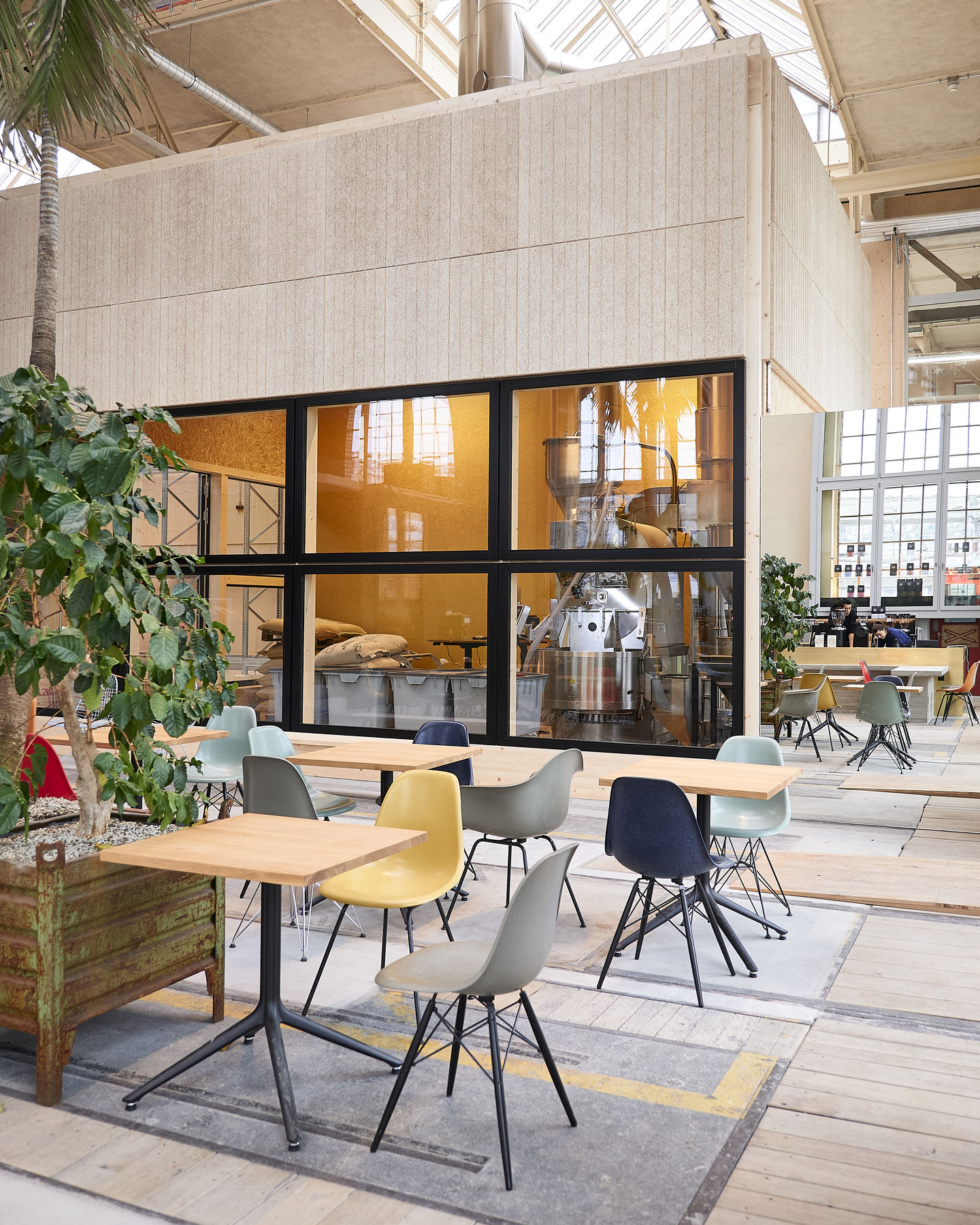 Innenaufnahme mit mehreren Eames Fiberglass Stühlen DSX von Vitra in verschiedenen Farben an Holztischen.