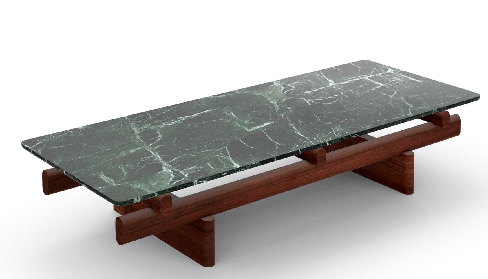 Cassina Couchtisch Sengu 564 mit grüner Marmorplatte und Holzgestell, modernes Wohnzimmer Design.