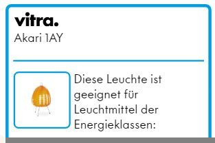 Akari Tischleuchte 1AY von Vitra: Produktinformationen und Energieeffizienz-Hinweis auf weißem Hintergrund.