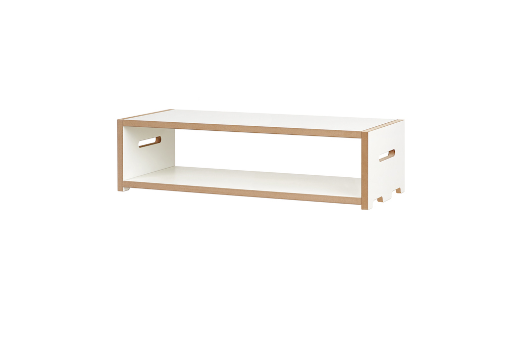 Tojo Hochstapler Grundmodul Niedrig, weißes Regal mit zwei Fächern und Griffmulden für Kinderzimmer.