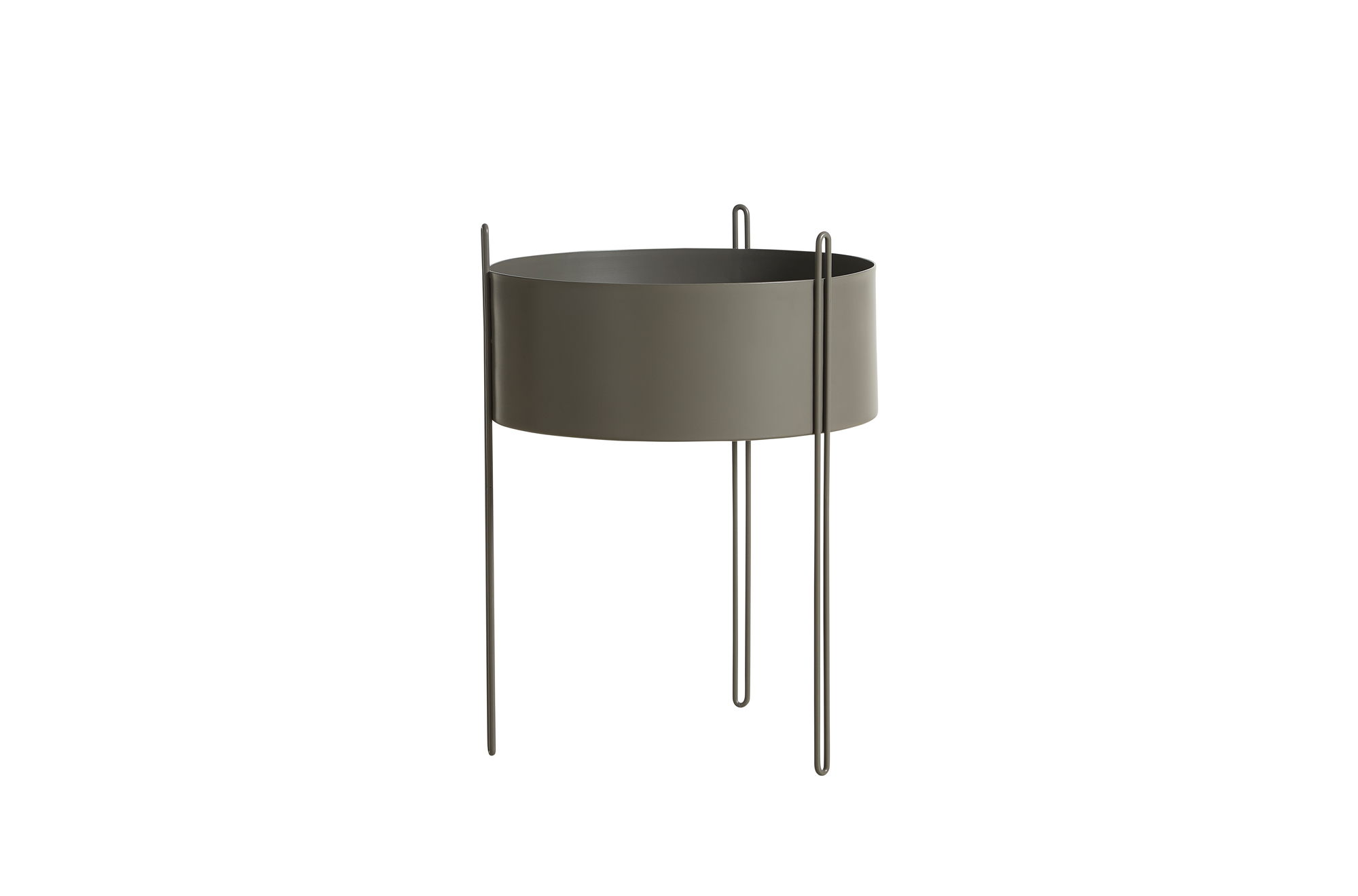 Pidestall Pflanzgefäß in Taupe von Woud: Moderner, runder Blumentopf auf filigranem Metallgestell.