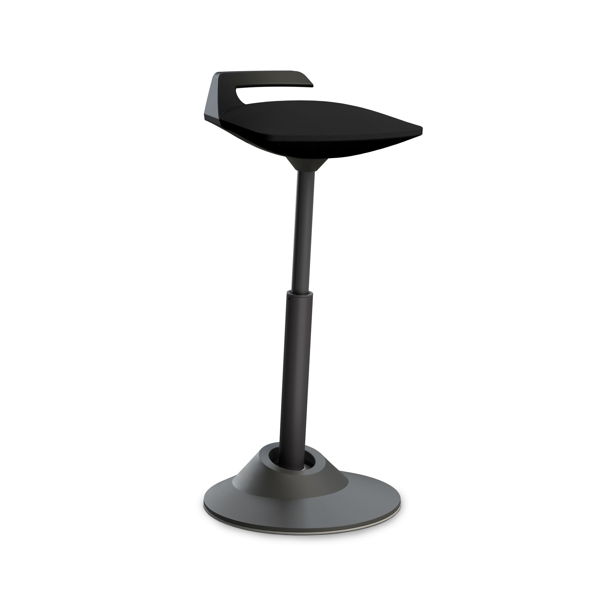 Schwarzer Stehhocker mit Fußstütze und höhenverstellbarer Säule für ergonomisches Arbeiten im Büro.