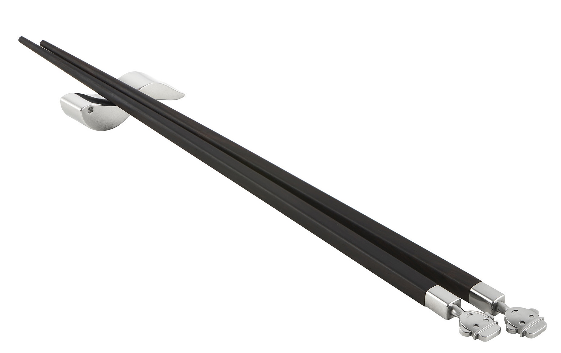 Alessi Anna Stick Essstäbchen Set AM44SET2 aus dunklem Holz mit silbernen Halterungen.