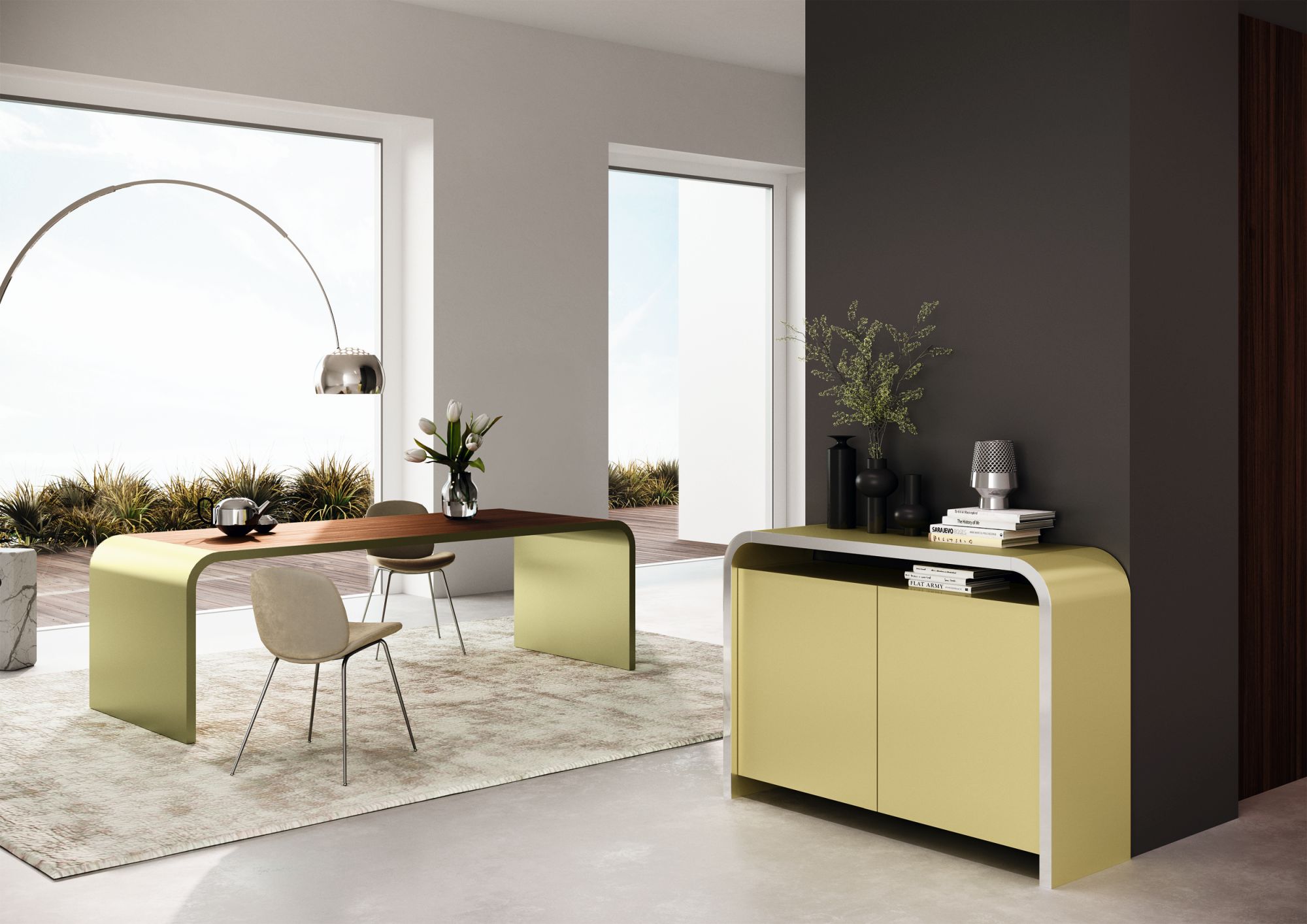 Müller Möbelfabrikation M10-2 Tisch: Moderner Esstisch mit Holzplatte und farbigem Untergestell im minimalistischen Wohnraum.