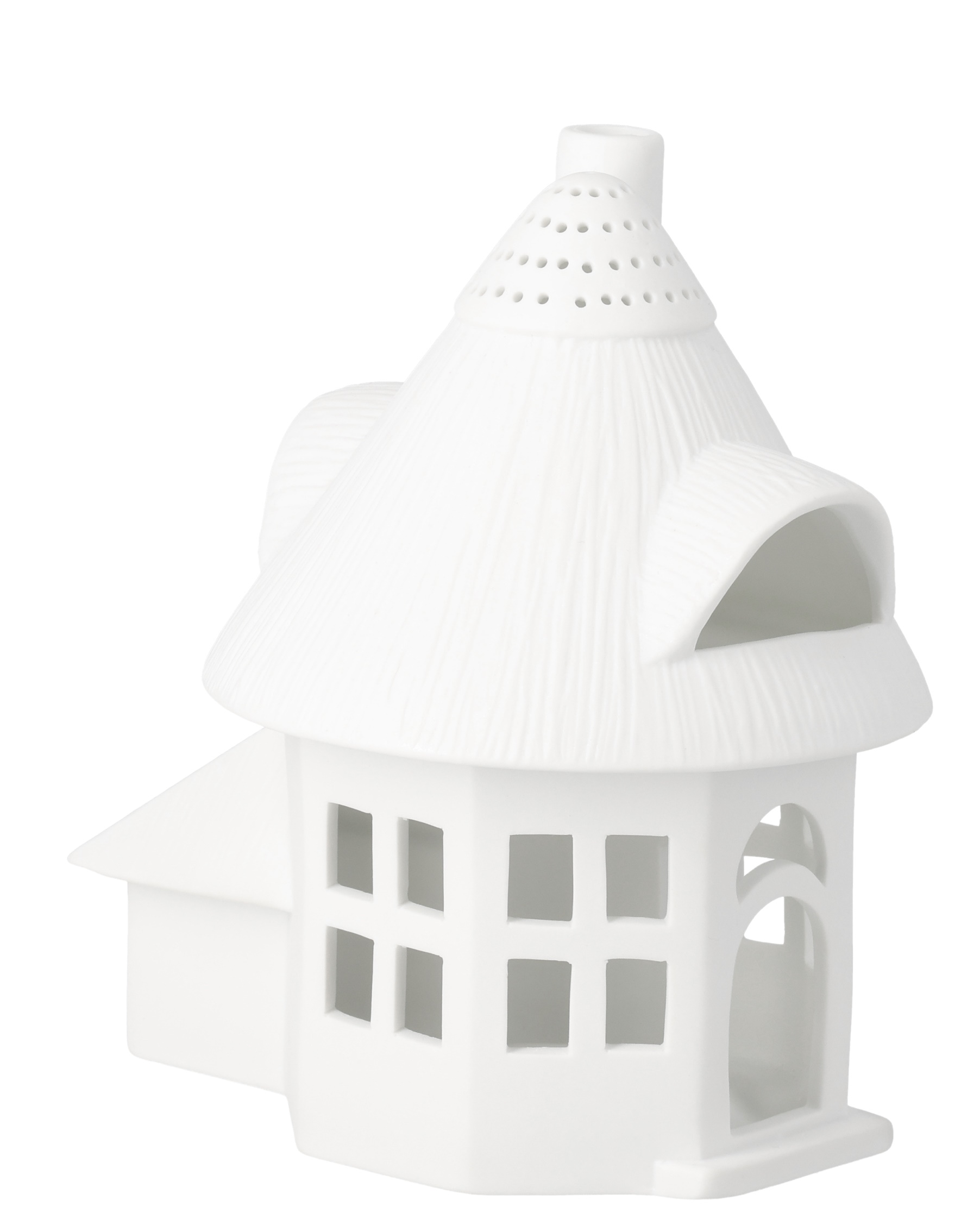 Detailaufnahme des weißen Räder Lichthaus Reetdachturm, ein dekoratives Windlicht für stimmungsvolle Beleuchtung im Innenbereich.