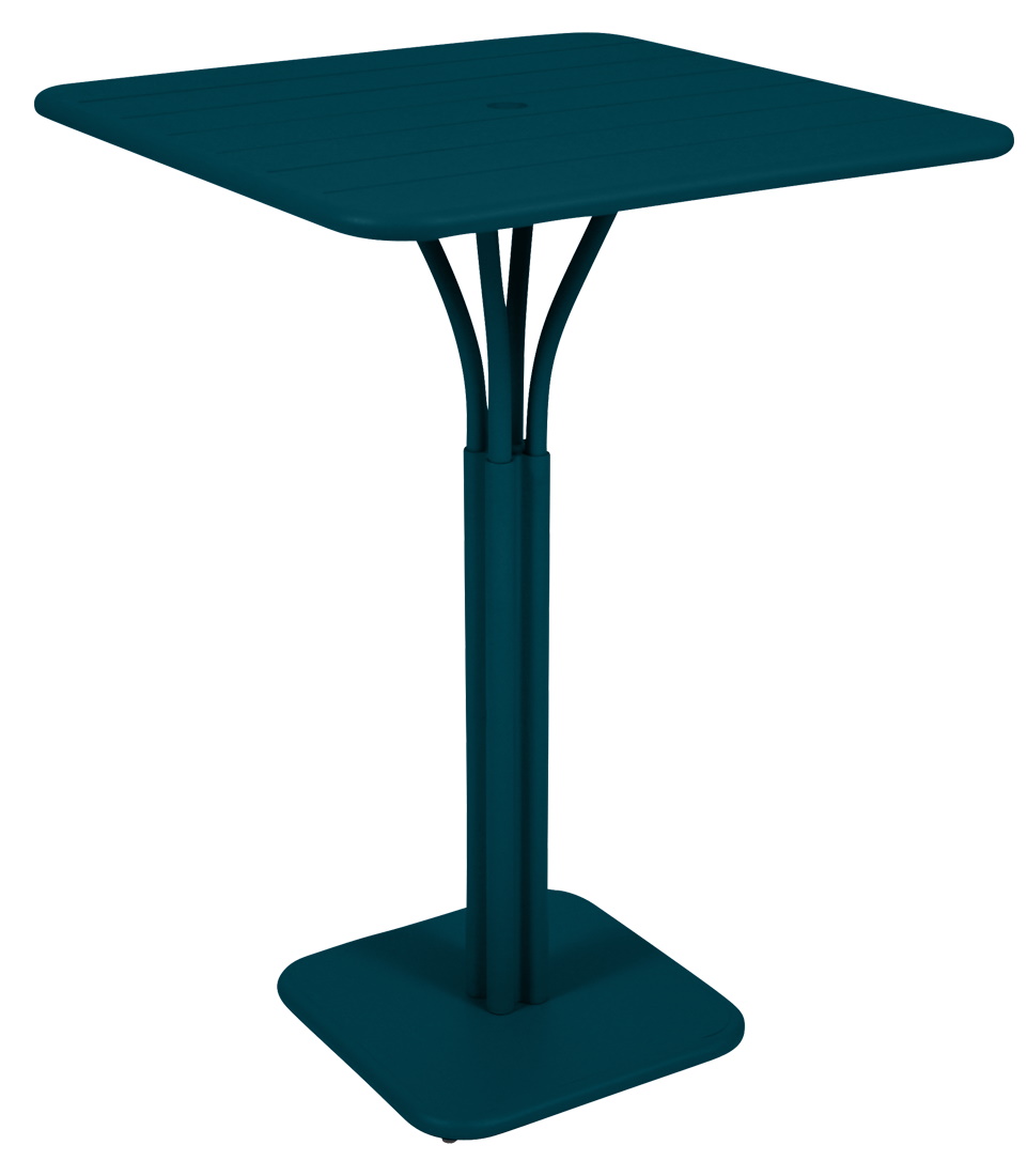 Blauer Luxembourg Stehtisch von Fermob, quadratisch, 80x80 cm, ideal für den Outdoor-Bereich.