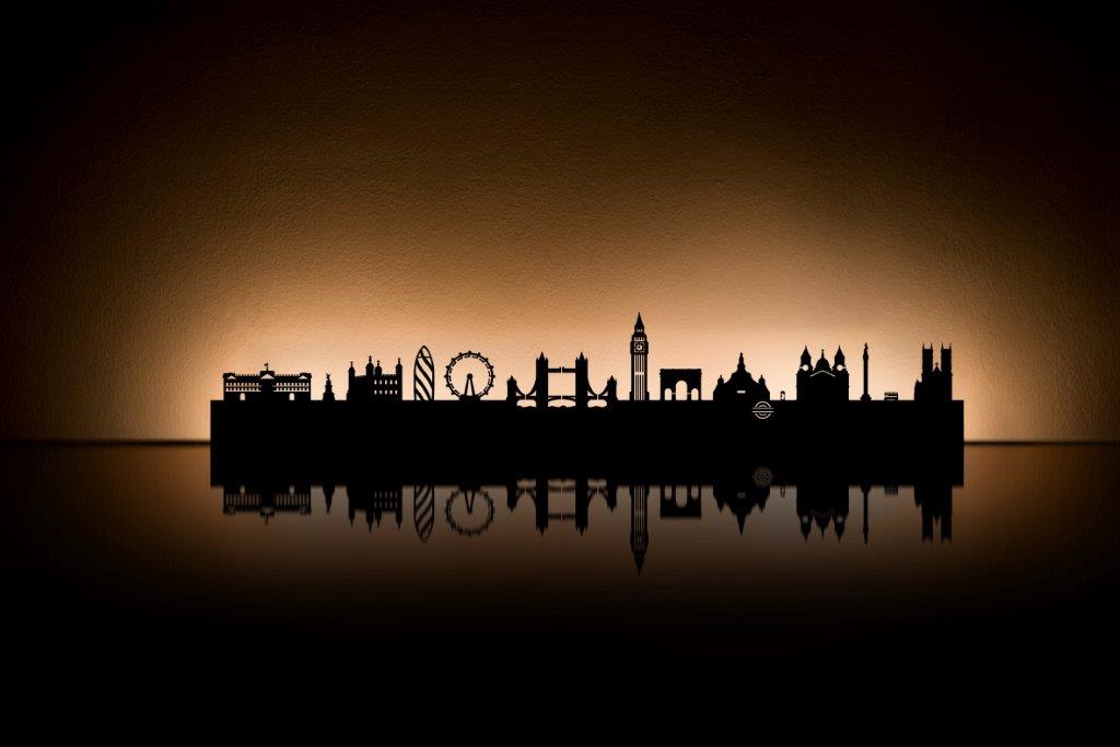 Licht City Kerzenständer Radius mit London Skyline Silhouette und Spiegelung, stimmungsvolle Dekoration.