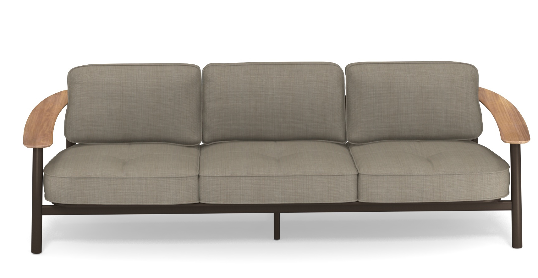 Emu Twins Sofa Outdoor, modernes 3-Sitzer Gartensofa mit Armlehnen aus Holz und beigen Polstern.