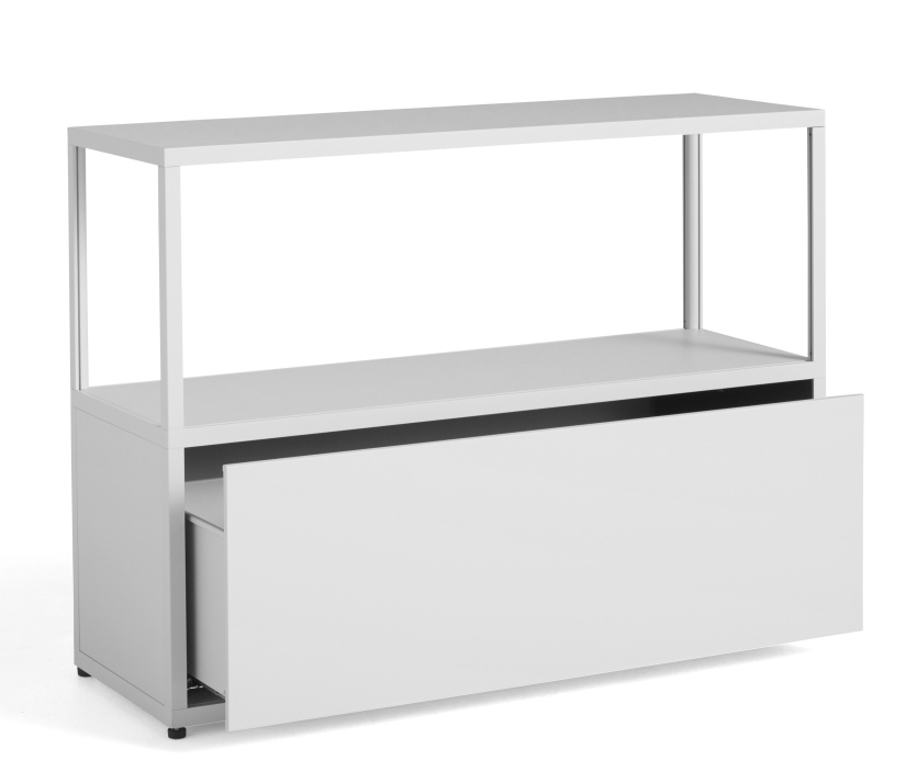 Hellgraues New Order Sideboard mit offener Schublade und Regalelement für Wohnraum oder Büro.